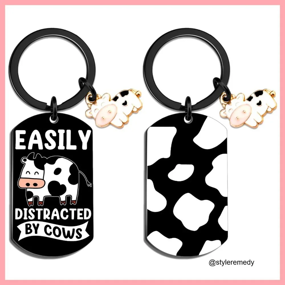 Stainless Steel Cow Keychain with Easily Distracted By Cows Print
